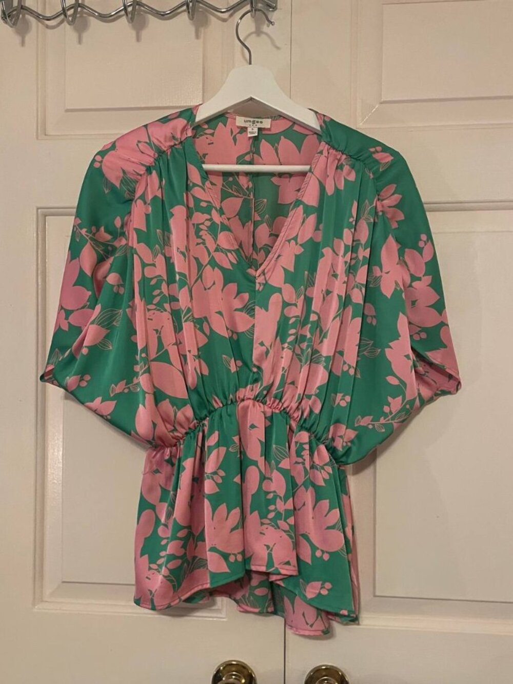 Umgee S Pink Green Floral Blouse | Resort Wear Peplum Top with Tie Details